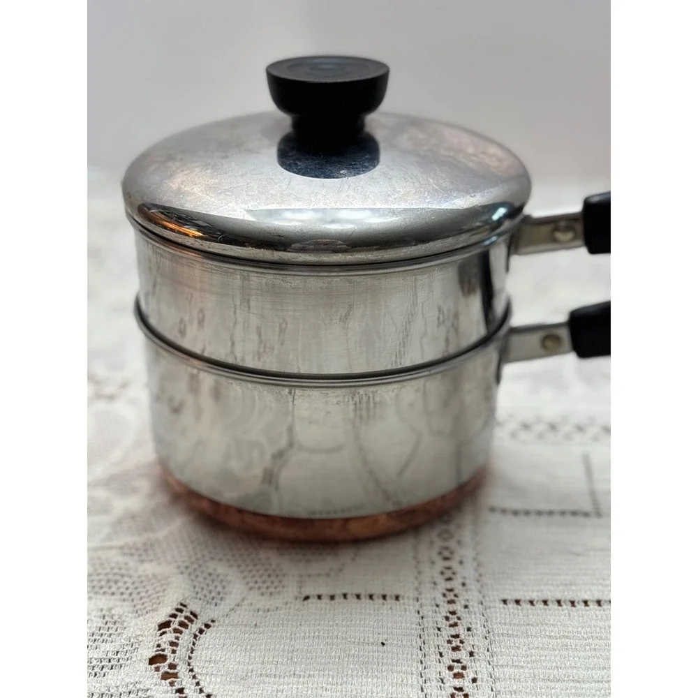 Vintage Revere Ware 1 Qt Double Boiler Copper Clad Stainless Steel 3 Piece Set
